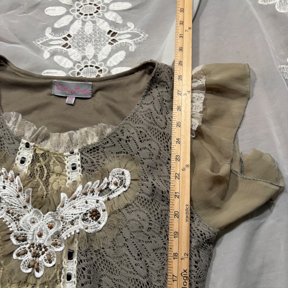 Y2K Pretty Angel Boho Lace Beaded Top Olive Taupe XL Linen Blend Cottagecore - Picture 6 of 7